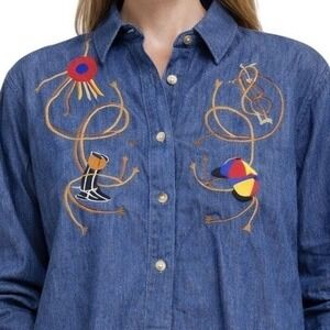 Vintage Chambray Denim Shirt Embroidered Western Art Boho Button Up L Whimsical